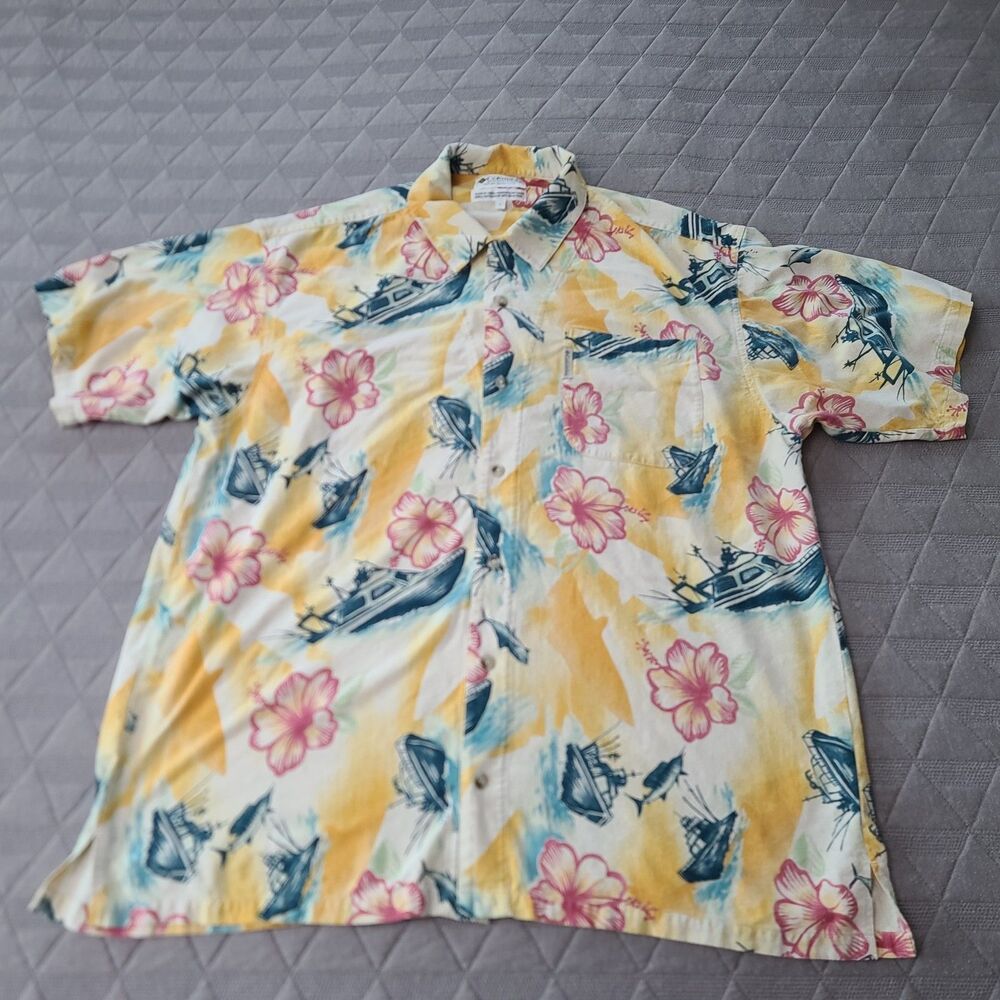 Columbia Vintage 100% Silk Large Hawaiian Camp Shirt Tropical Floral Summer 2002